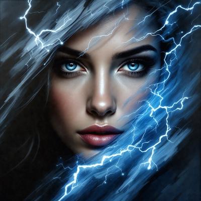 The primary subject of the image is a woman with blue eyes and blonde hair. She is looking directly at the camera, and her eyes are wide open. The setting is a dark background, which contrasts with the woman's face and adds a dramatic effect to the image. The visual style is a digital art or illustration, as the woman's eyes are depicted with a blue glow, giving the image a unique and artistic appearance. The colors and mood of the image are predominantly dark and dramatic
